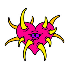 Monster heart with teeth. Spiky heart illustration. Horror heart for Halloween design. Vector isolated on white background.