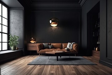 Interior of modern living room with dark  walls, wooden floor, comfortable sofa and armchai