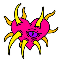 Monster heart with teeth. Spiky heart illustration. Horror heart for Halloween design. Vector isolated on white background.