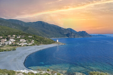 Obraz premium Corsica, aerial view of the Nonza beach, with black pebble, in the cap Corse 