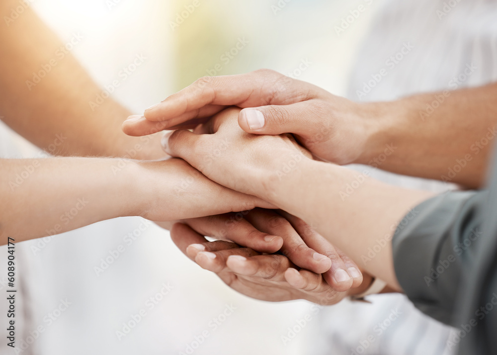 Canvas Prints Collaboration, support and business people with a pile of hands in a huddle as a team for community, solidarity or unity. Teamwork, trust or motivation with a group of colleagues standing in a circle