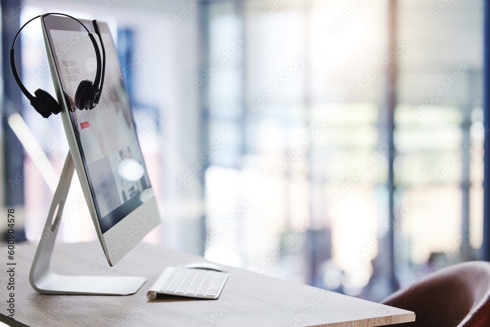 Poster call center, headset and desk with computer in office for consulting, crm and technology communicati