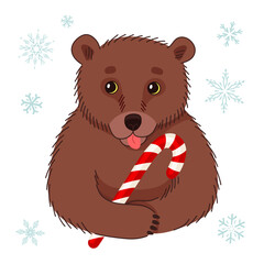Cute cartoon bear with candy cane and snowflakes. Vector illustration.
