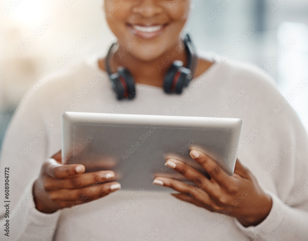 Poster hands, tablet and research with a business person searching the internet for information or data. te