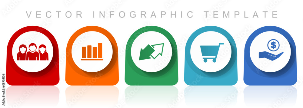 Poster trade icon set, flat design miscellaneous colorful icons such as customers, graph, exchange, cart an