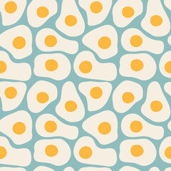 Fried eggs seamless pattern retro wallpaper on blue background, Simple flat vintage design, Vector illustration