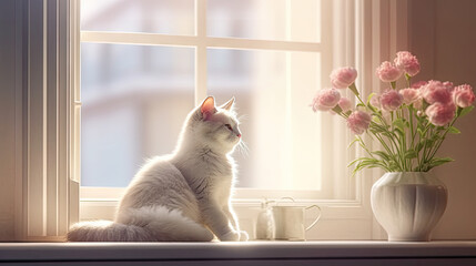 A white cat sits on a windowsill next to a vase with pink flowers in the rays of light, 8k, generative ai