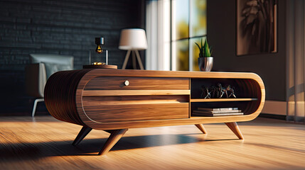 Beautiful wooden cabinet, original model against the background of a modern interior, 8k, generative ai