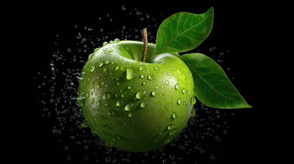 Beautiful green apple with water drops and leaves over isolated background, 8k, generative ai