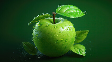 Beautiful green apple with water drops and leaves over isolated background, 8k, generative ai