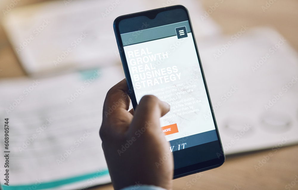 Poster phone, research and strategy with a business man at a desk in his office for work while planning gro