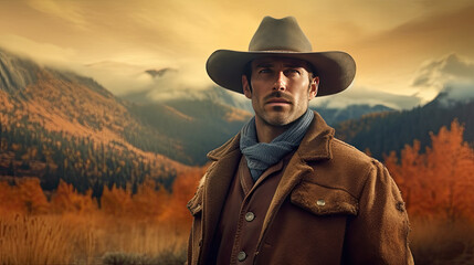 Adult man on cowboy hat standing on hill against mountain during sunrise Generative AI