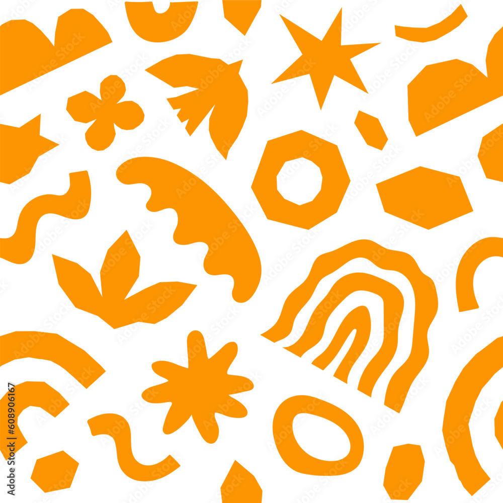 Poster abstract seamless pattern with orange geometric cutting doodles. trendy random shapes on a white bac