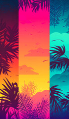 Fototapeta na wymiar Summer neon background, cyber purple, vivid colors of lights on palm leaves. Cyberpunk tropical exotic flat lay background. Illustration. Generative AI.