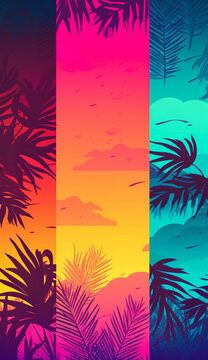 Summer neon background, cyber purple, vivid colors of lights on palm leaves. Cyberpunk tropical exotic flat lay background. Illustration. Generative AI.