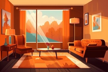 Decorate home with warm caramel autumn colors in retro living room. (Illustration, Generative AI)
