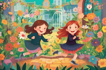 Obraz na płótnie Canvas In a garden with spring flowers, two girls run laughing. (Illustration, Generative AI)