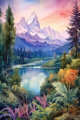 A watercolor masterpiece of the Alps and lake illustration. (Illustration, Generative AI)