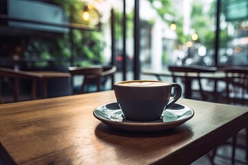 Fototapeta premium Morning Delight. Aromatic Latte on Rustic Cafe Table. Enjoying Hot white Cup of Coffee on Vintage Background