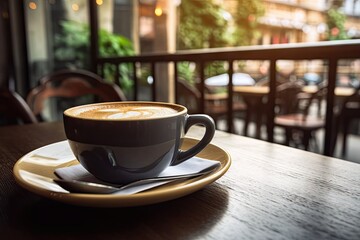 Morning Delight. Aromatic Latte on Rustic Cafe Table. Enjoying Hot white Cup of Coffee on Vintage Background