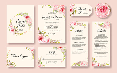 Floral Wedding Invitation card, save the date, thank you, rsvp, table label, tage template. Vector. Rose flower, greenery plants. watercolor style