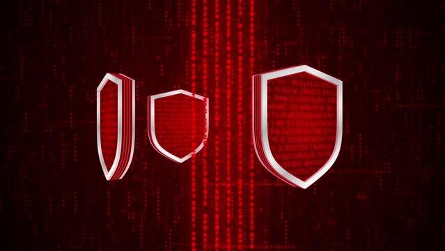 3D red 4 shield with encryption data  protection rotate around data line upload to cloud system, Privacy security protection network encode decode online access concept