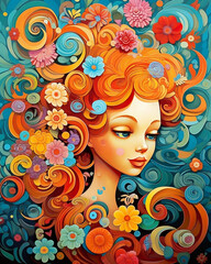 girl with red and orange hair with flowers in the style of colorful cartoon and psychedelic artwork.  Generative AI.
