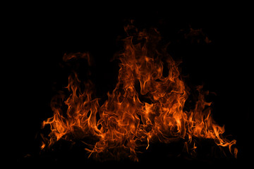 Fototapeta na wymiar Fire flame isolate on black background. Burn flames, abstract texture. Art design for fire pattern, flame texture.