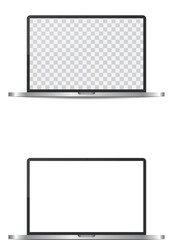 Realistic grey laptop or notebook mockup. Modern office device. 3D vector object with dropped shadow