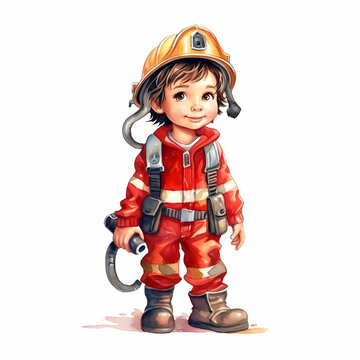 Boy Firefighter Watercolor. Generative AI