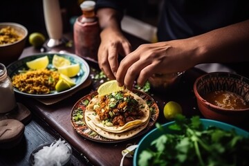 Obraz na płótnie Canvas Person preparing tasty tacos. AI generative