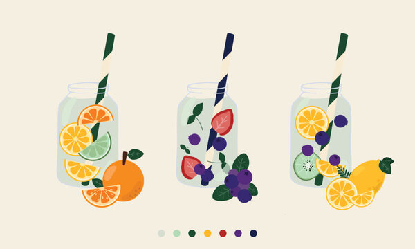Hand drawn vector illustration collection for web of fruit infused water in a glass jar. Different assortment fruits and vegetables in a water for detox and refreshment for a tropical holiday