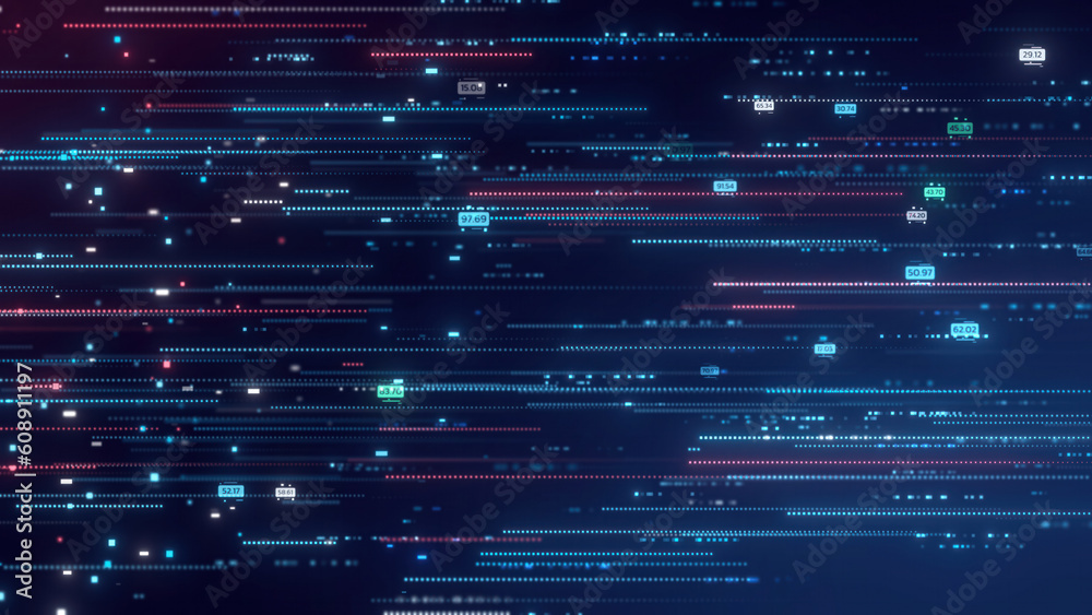 Poster Digital Data Network binary code running,big data concept, dark blue number grid dot line