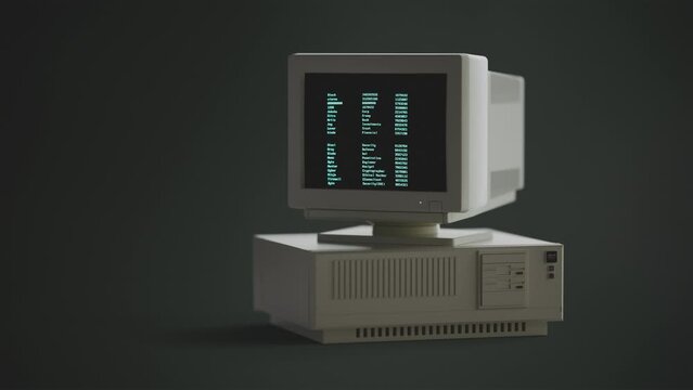 Retro Hacker PC Vintage Computer Data in the 90s - 3D Rendered Screen, CRT Monitor fall into scene Intro Animation.
