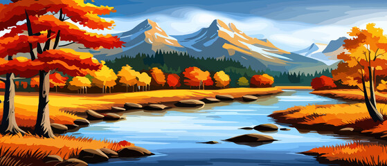 Fototapeta na wymiar Autumn landscape with trees, mountains, fields, leaves. Rural landscape. Autumn background. Vector illustration