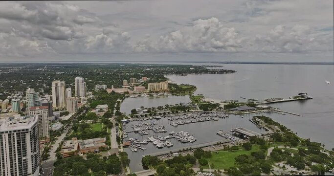 St Petersburg Florida Aerial v24 flyover waterfront arts and museum district, from south to north yacht basin capturing downtown cityscape and Tampa Bay views - Shot with Mavic 3 Cine - September 2022