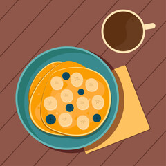 Flat illustration with pancakes with bananas and blueberry on a plate and cup of coffee. The illustration can be used for restaurants, cafes or as an illustration of everyday life.