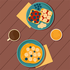 Flat illustration with pancakes and toast with bananas and blueberry on a plate and cup of coffee and glass of juice.