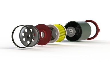 Car oil filter exploded view on white background. Automotive spare part