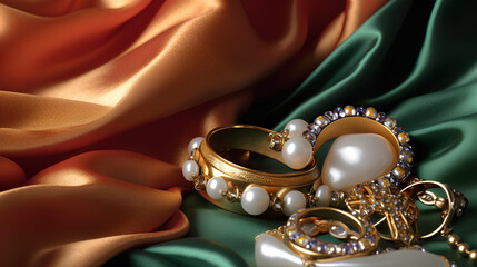 close up of a jewelry on shiny silk fabric generative ai