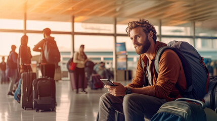 Young man waits sitting for airplane while working on computer remotely, digital nomad Generative AI