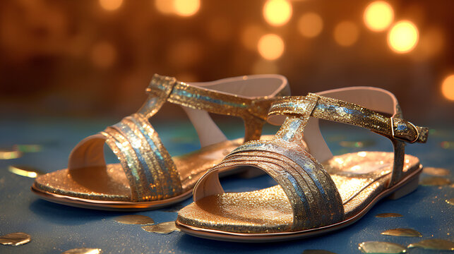 Close-up photo of beautiful golden sandals. Generative ai