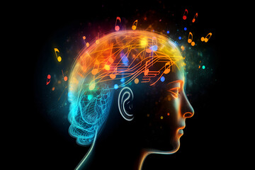 Obraz premium Music and its effect on the human brain. On a black background. AI Generative