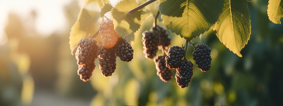 A branch with natural mulberries on a blurred background of a mulberry garden at golden hour. Mulberry farm with mulberries. Banner. AI Generative