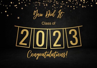 Class of 2023. Congratulations graduates in celebration concept with  decorative elements. Design template for graduation typography,banner and other design.Vector illustration.