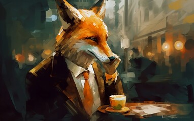 Humanistic fox in brown suit drinking coffe in outdoor cafe created with Generative AI technology