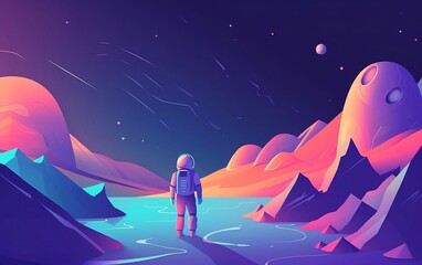 Astronaut walking alone on alien planet with purple sky and pink mountains created with Generative AI technology