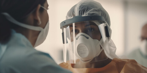 Nahaufnahme Arzt mit Mundschutz, Gesichtsschutz, Viruskleidung KI