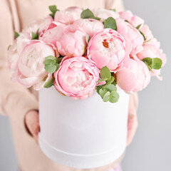 A bouquet of pink peonies in women's hands. Flower delivery. A beautiful bouquet of flowers as a gift for a holiday.