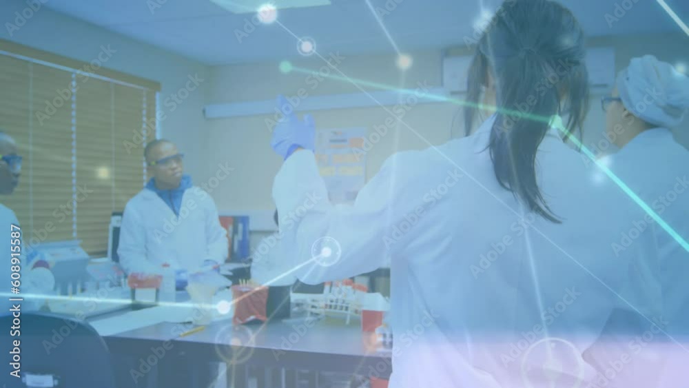 Poster animation of connected dots over diverse scientist discussing reports in laboratory